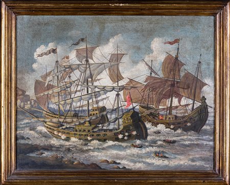 Pittore del XVIII secolo Marina con battaglia navale
