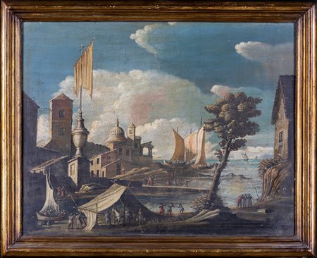 Pittore del XVIII secolo Veduta di città portuale