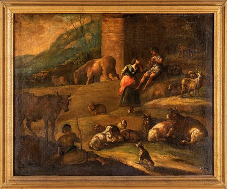 Scuola napoletana del XVIII secolo Scena bucolica con figure e armenti