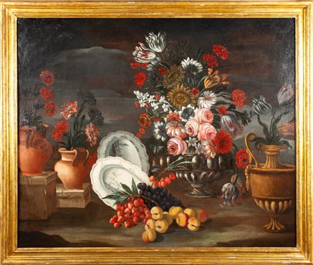 Scuola napoletana del XVIII secolo Natura morta con vasi baccellati e piatti