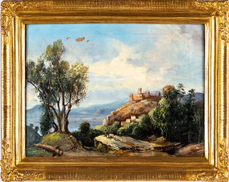 Scuola Napoletana del XIX secolo Veduta di paese con castello e lago