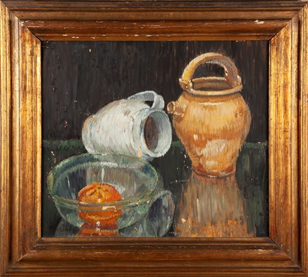 Anonimo del XX secolo Natura morta con due vasi ed una arancia