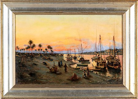 Alberto Rossi Veduta del Nilo con imbarcazioni e beduini