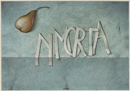 Armodio (1938) PERA CON NATURA MORTA, 1984 tempera su carta, cm 17,5x25 firma...