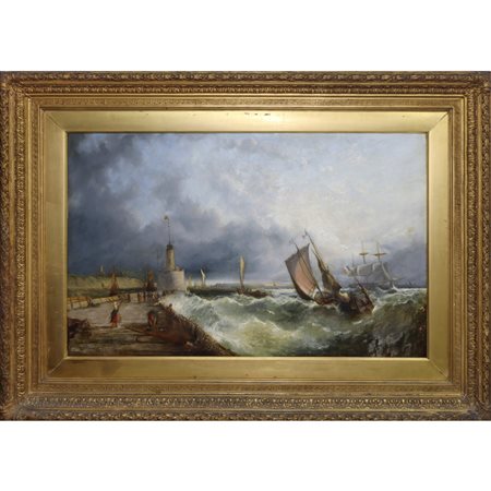 Clarkson Frederick Stanfield (Sunderland 1793-London 1867)  - Nave in tempesta con barche, 19° secolo 