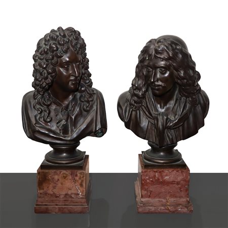 Ferdinand Barbedienne (1810-1892)  - N. due busti raffiguranti Molière e Richelieu, sculture in bronzo patinato scuro, nineteen° secolo 