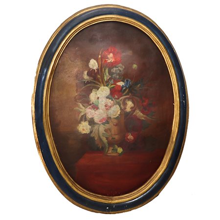 Ovale, Natura morta di fiori con vaso, strappo di affresco, 18° secolo 