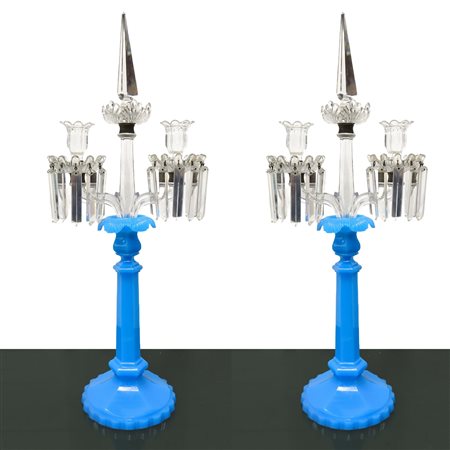 Coppia di candelabri in opaline azzurro, Primi 20° secolo 