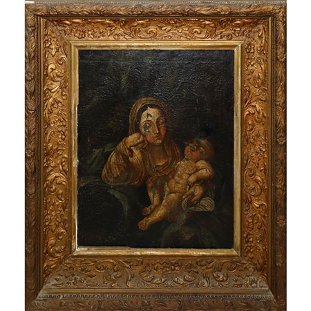 Madonna con Gesu' bambino in braccio (rintelata), 17° secolo 