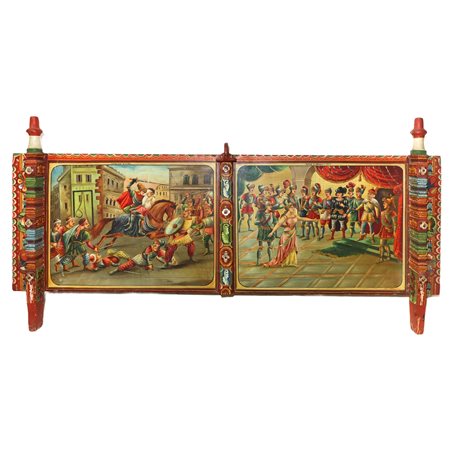 Sponda di carretto siciliano con scene dei Paladini di Francia, Arrivo di Angelica a Parigi e Liberazione di Milone, Sicilia, Primi 20° secolo 