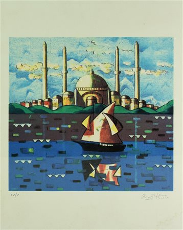 Ibrahim Kodra BARCHE CON CHIESA litografia su carta, cm 44x33; es. IV/L firma...