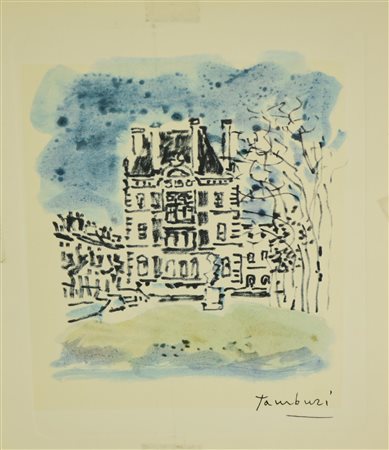 Orfeo Tamburi PAESAGGIO CITTADINO riproduzione fotolitografica su carta, cm...