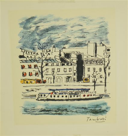 Orfeo Tamburi BATTELLO riproduzione fotolitografica su carta, cm 32x34 firma...