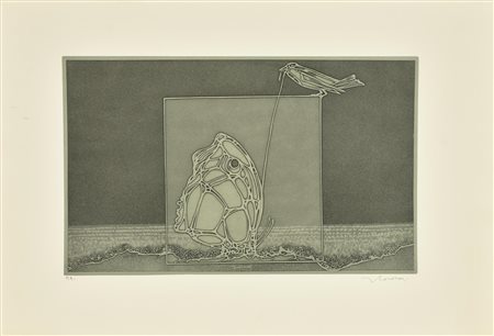 Francesco Casorati FARFALLA E UCCELLO incisione su carta, cm 31x49, su foglio...