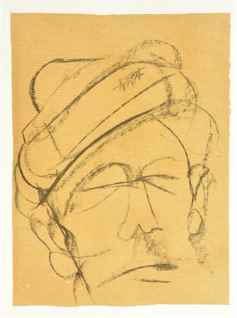 GIANBAR (Gianni Baretta) UOMO CON CAPPELLO carboncino su cartoncino, cm...