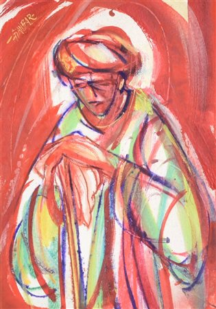 GIANBAR (Gianni Baretta) FIGURA CON BASTONE tecnica mista su carta applicata...