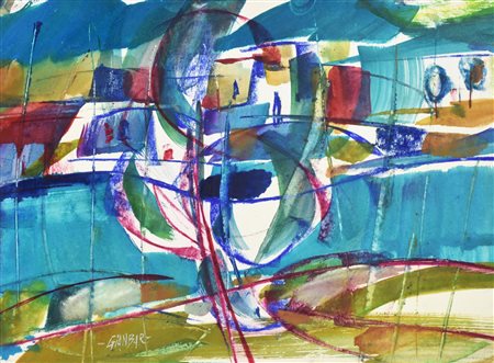 GIANBAR (Gianni Baretta) LUNGO IL FIUME tecnica mista su carta, cm 25x33...