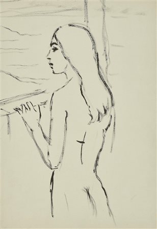 Enrico Allimandi FANCIULLA DI SCHIENA pastelli su carta, cm 50x35 sul retro:...