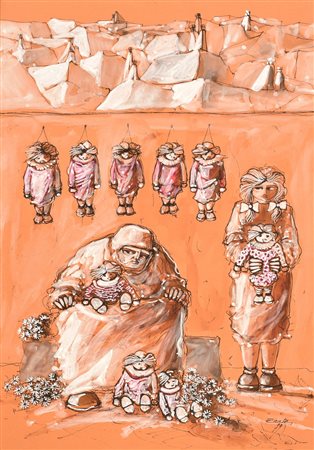 Ignoto BAMBOLE tecnica mista su carta, cm 40x30 firma e data eseguito nel 1979