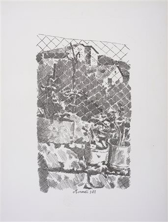 MORANDI GIORGIO (1890 - 1964) - Piante di gerani e rete di filo di ferro.