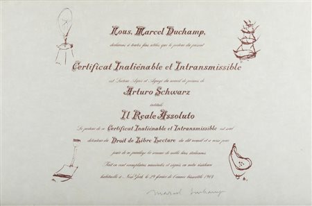 DUCHAMP MARCEL (1887 - 1968) - Certificato di autenticità proveniente dal  libro "il Reale Assoluto".