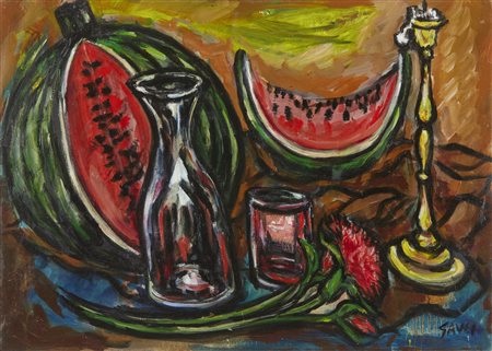 GAULI PIERO (n. 1916) - Composizione con l'anguria e il garofano.