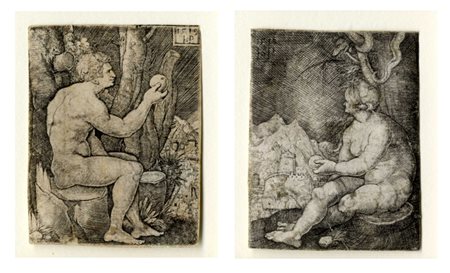 Hans Sebald  Beham, Adamo ed Eva seduti su tronchi d'albero. 1519.