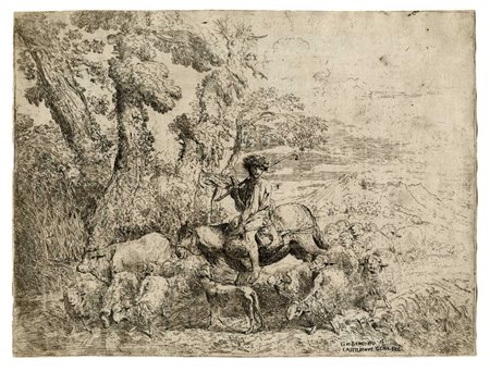 Giovanni Benedetto  Castiglione (detto il Grechetto), Giovane pastore su mulo con un gregge. 1638.