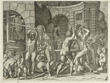 Girolamo  Fagiuoli [attribuito a], I Ciclopi forgiano le armi di Amore nella fucina di Vulcano. 1540-1550.