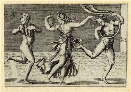 Agostino  Veneziano, Fauno e menade danzanti. 1516.