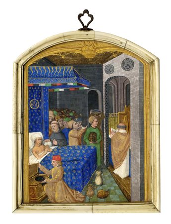 Anonimo del XV secolo, Scena di trapasso. Scuola francese fine XIV inizi XV secolo.