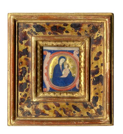 Anonimo del XIV secolo, Capolettera decorato e miniato con Madonna col Bambino. 