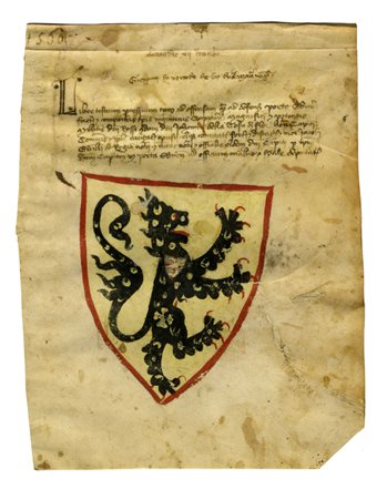 Scrittura cancelleresca con arme della famiglia Tosinghi (Della Tosa). XIV secolo ca.