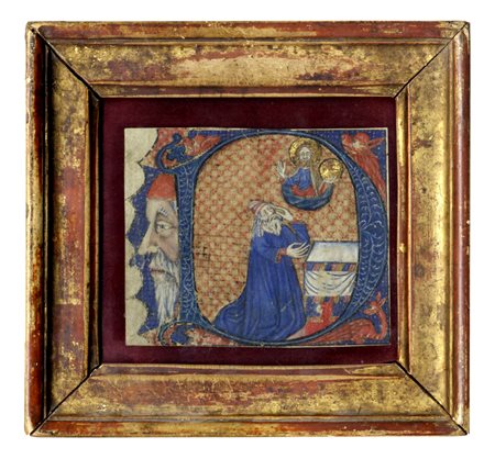 Anonimo del XV secolo, Capolettera decorato e miniato con Cristo Salvator Mundi che appare a vegliardo.