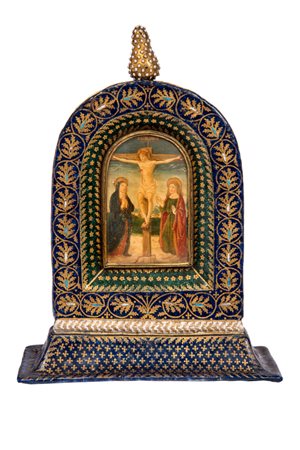 Scuola francese XVI secolo, Altarolo portatile in rame smaltato e crocefissione con dolenti.