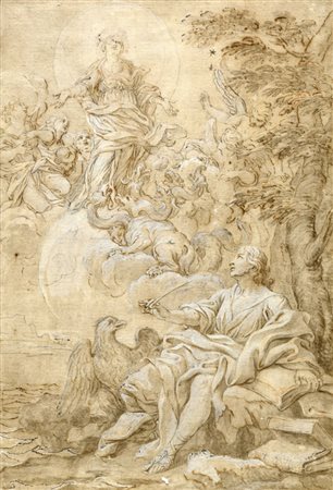 Anonimo della fine del XVII secolo, San Giovanni Evangelista e la donna vestita di luce con il drago a sette teste.