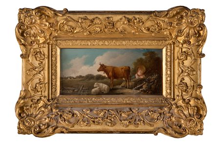 Scuola francese del XVIII secolo, Pastorella con mucca e pecore.