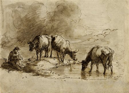 Anonimo della fine del XVIII secolo ed inizi del XIX, Armenti all'abbeverata.