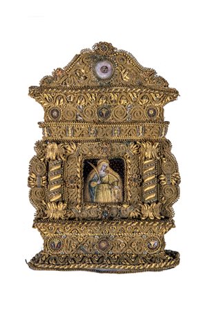 Arte conventuale prima metà del XIX secolo, Santa Caterina d'Alessandria entro tabernacolo reliquiario in passamaneria dorata.