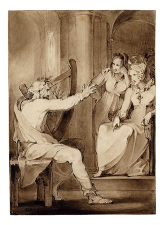 Johann Heinrich  Füssli [alla maniera di], Ossian canta per Malvina (?) (r) / Studi di teste e figure (v). 1800 ca.