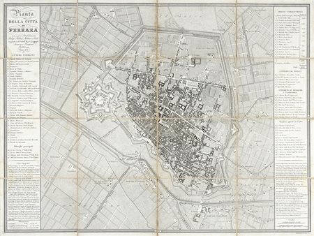Francesco Pampani geografo e Giambattista Bordiga incisore, Pianta della città di Ferrara con i suoi Stabilimenti Relig.si, Politici, Militari e Civili eseguita e dis.ta d'all'Ing.re Geografo Francesco Pampani