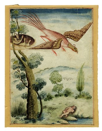 Arte Mughal XVIII secolo, Paesaggio con figura nuda presso uno specchio d'acqua. 1780 ca.