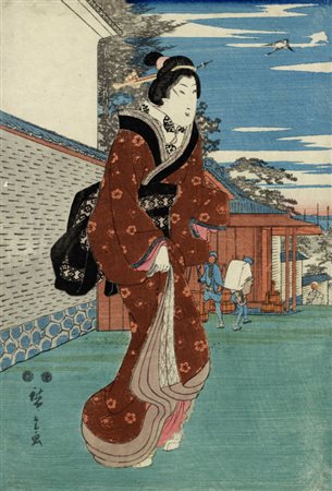 Utagawa  Hiroshige I, Bijin fuori dalla residenza del signore feudale Kuroda a Kasumigaseki. 1848 ca. [edizione fine XIX secolo].