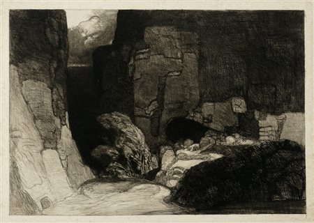 Rudolf Jettmar, Felslandschaft mit Laubbaumen. 1902.