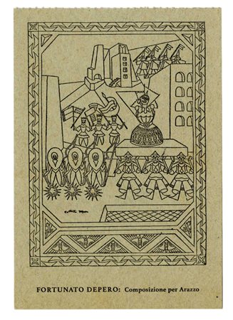 Fortunato Depero, Invito alla Grande Mostra di Arazzi e Cuscini di Fortunato Depero da Bragaglia Casa d'Arte. 1921.