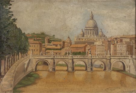 Carlo Socrate (Mezzanabigli  1889-Roma  1967)  - Veduta del Tevere con San Pietro prima della demolizione della Spina di Borgo