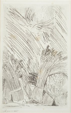 GIACOMO MANZU'<BR>Bergamo 1908 - 1991<BR>"Fascine di grano e uccello in volo"