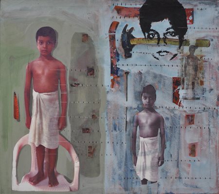 KHALEEL AMIN Past-revolving childhood, 2006 olio su tela cm. 109x124...