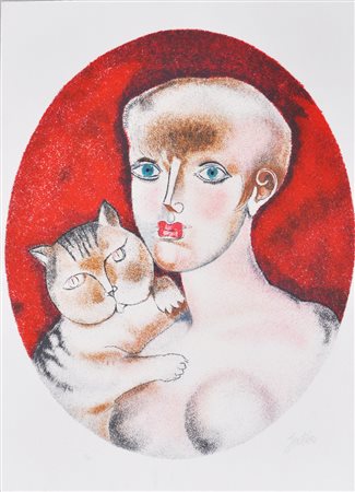 GENTILINI FRANCO Ragazza con gatto, 1980 litografia a colori es. 24/125 cm....