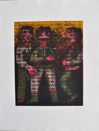 BAJ ENRICO Personaggi, s.d. acquaforte a colori cm. 74x53 es. 68/75 firma in...